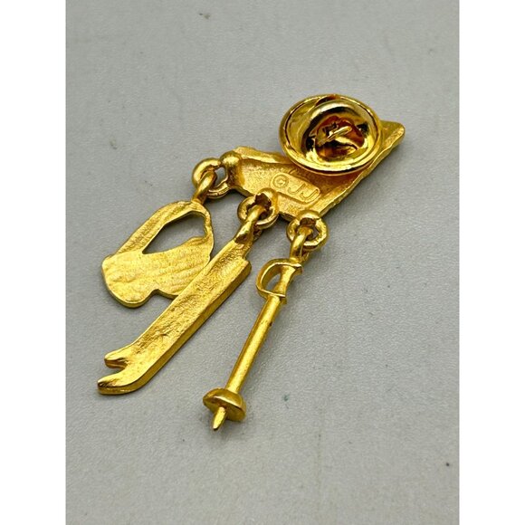 Vintage JJ Tack Pin Skiing Theme Ski Lover Matte Gold Tone Boot Ski Pole Goggles - Picture 4 of 5
